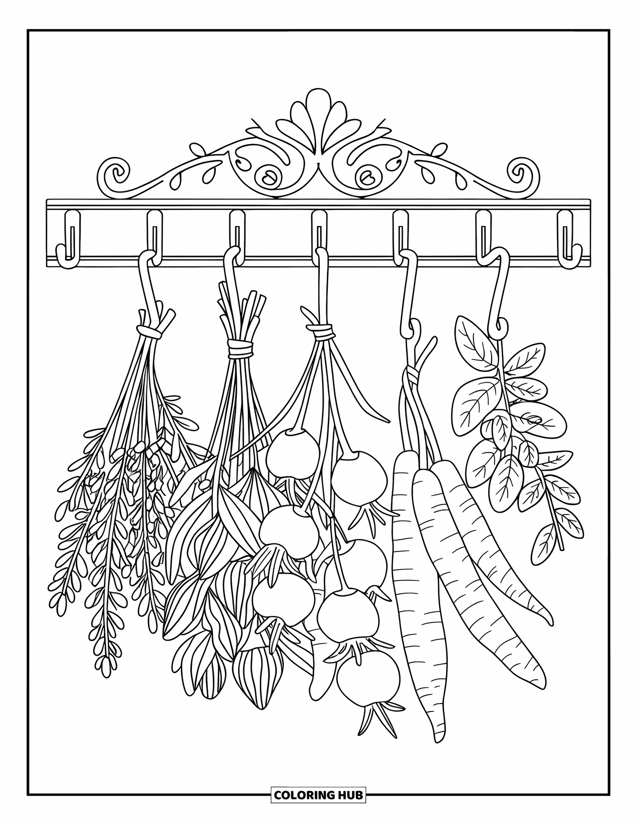 Vegetable Coloring Page for Adults: A cozy rack holds herbs and veggies, hanging neatly from graceful, curved hooks