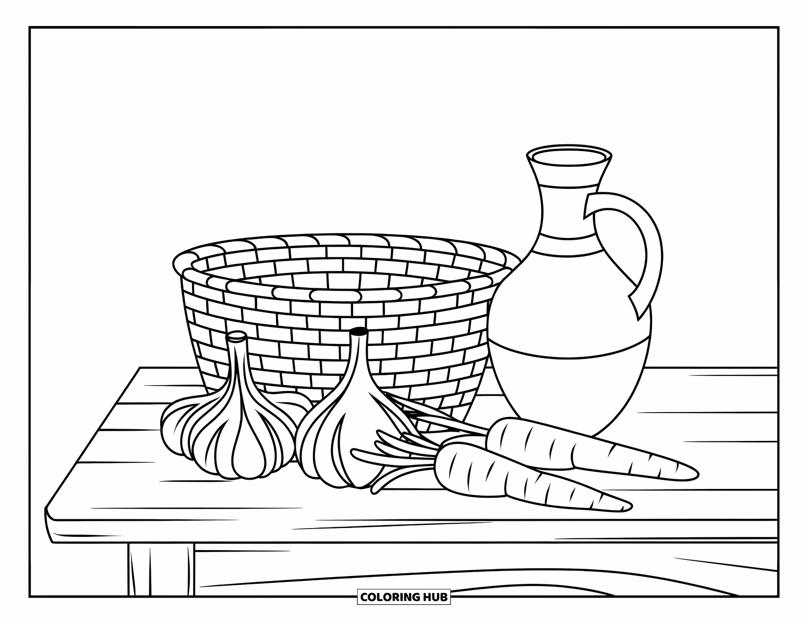 Vegetable Coloring Page for Adults: A cozy table holds garlic bulbs, carrots, and a ceramic jug in a quiet kitchen