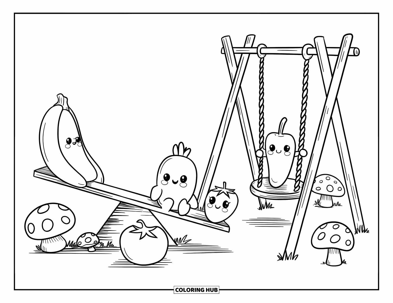 Vegetable Coloring Page for Adults: A pea pod and carrot play while mushrooms surround their leafy playground
