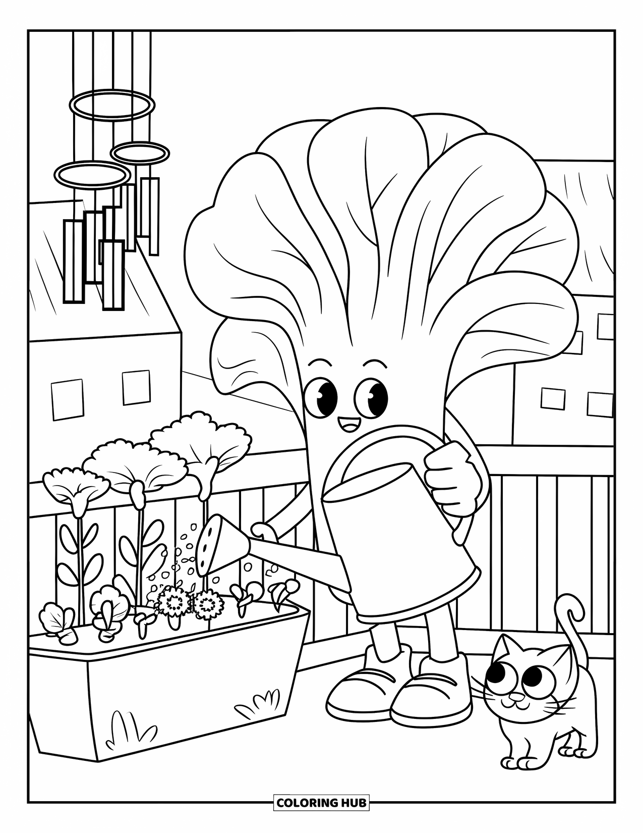 Vegetable Coloring Page for Adults: A peaceful balcony garden scene with lettuce, a curious cat, and gentle wind chimes