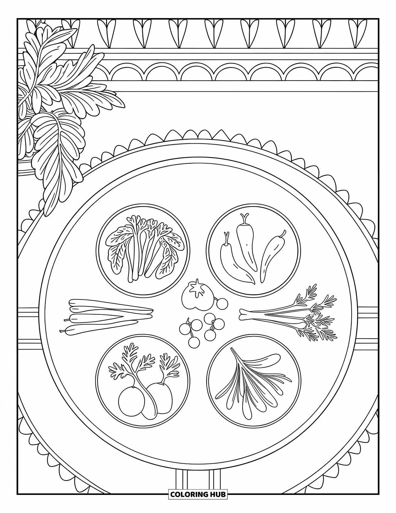 Vegetable Coloring Page for Adults: A round table holds veggie bowls and herbs, surrounded by decorative walls and a potted plant