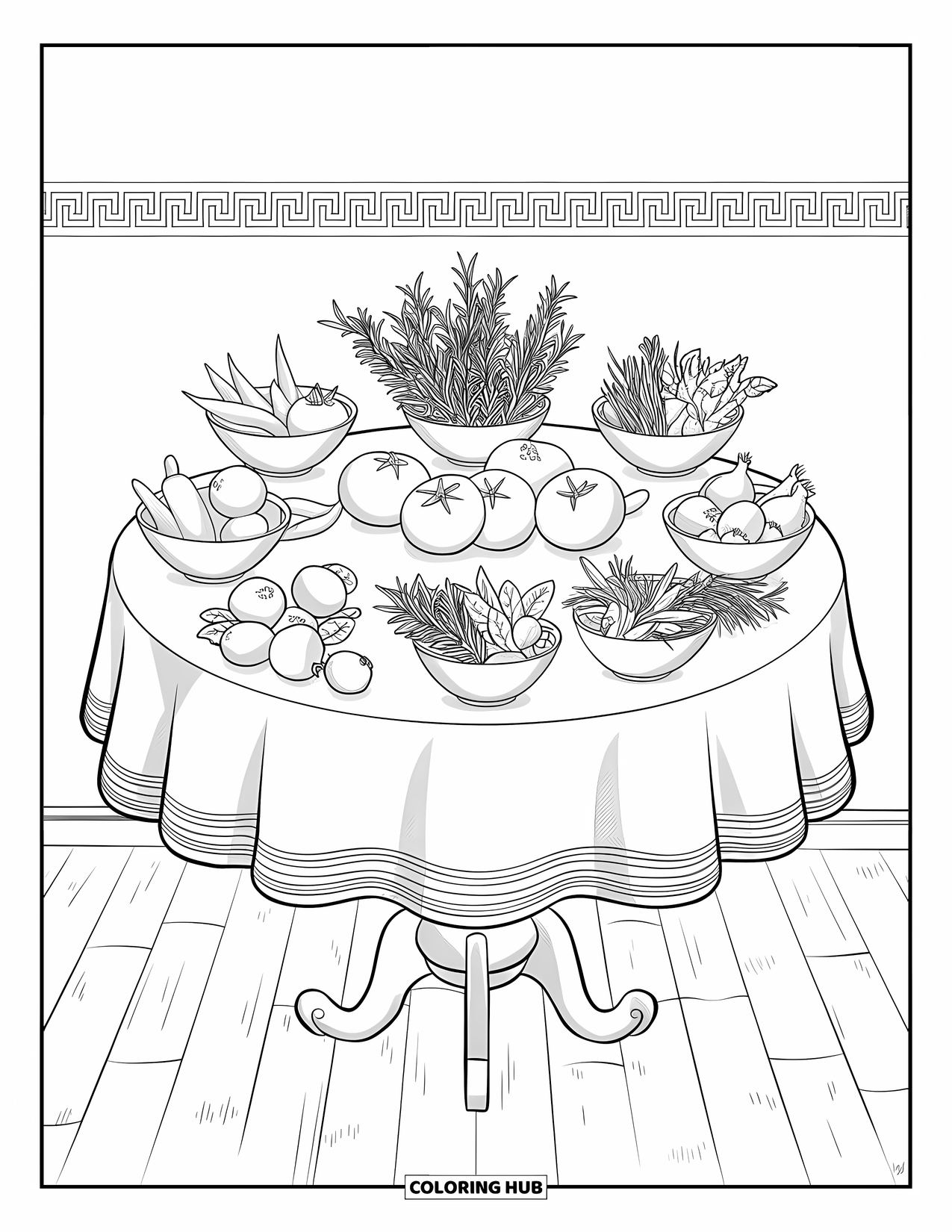 Vegetable Coloring Page for Adults: A round table is set with veggies and herbs on a cloth above a wooden floor