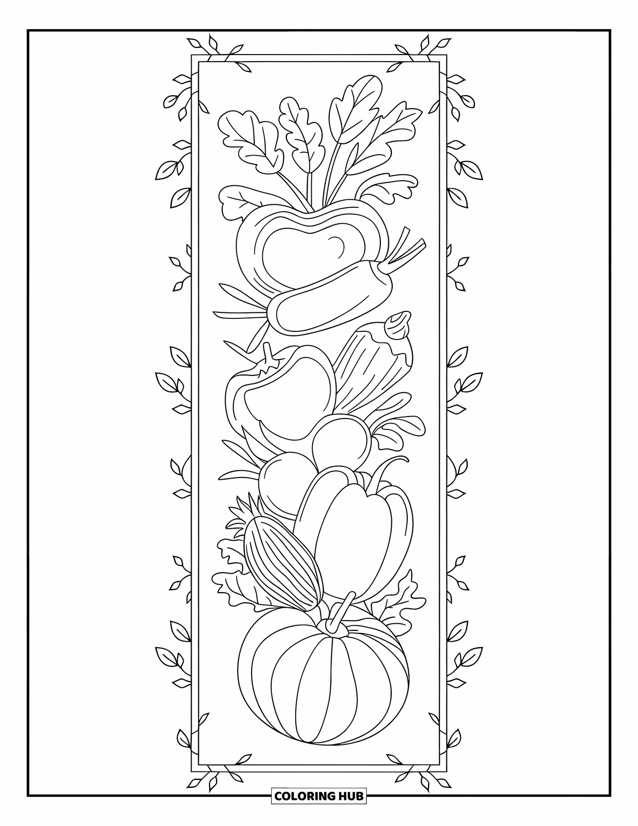 Vegetable Coloring Page for Adults: A vertical display of stacked vegetables framed by flowing vines and delicate leaves