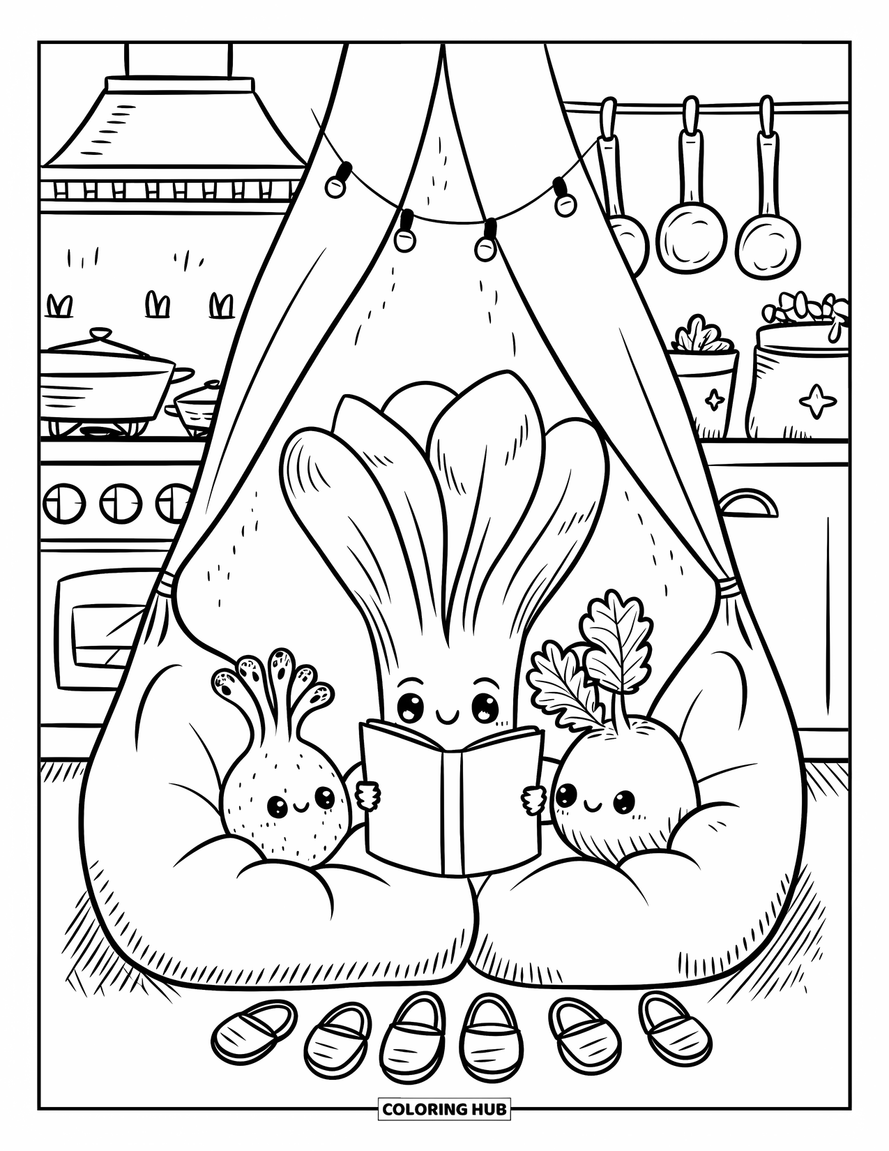 Vegetable Coloring Page for Adults: A warm nook where bok choy reads to sleepy sprouts under twinkling lights
