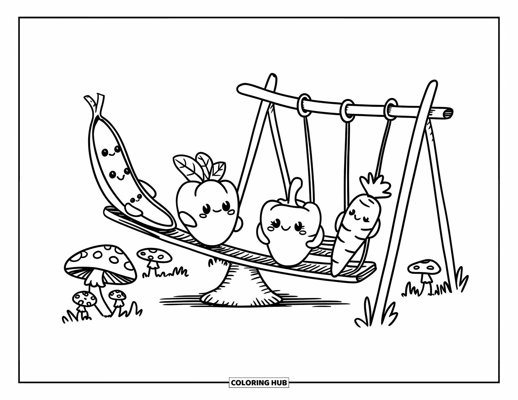 Vegetable Coloring Page for Adults: Baby veggies play on a leaf seesaw and vine swing in a mushroom playground