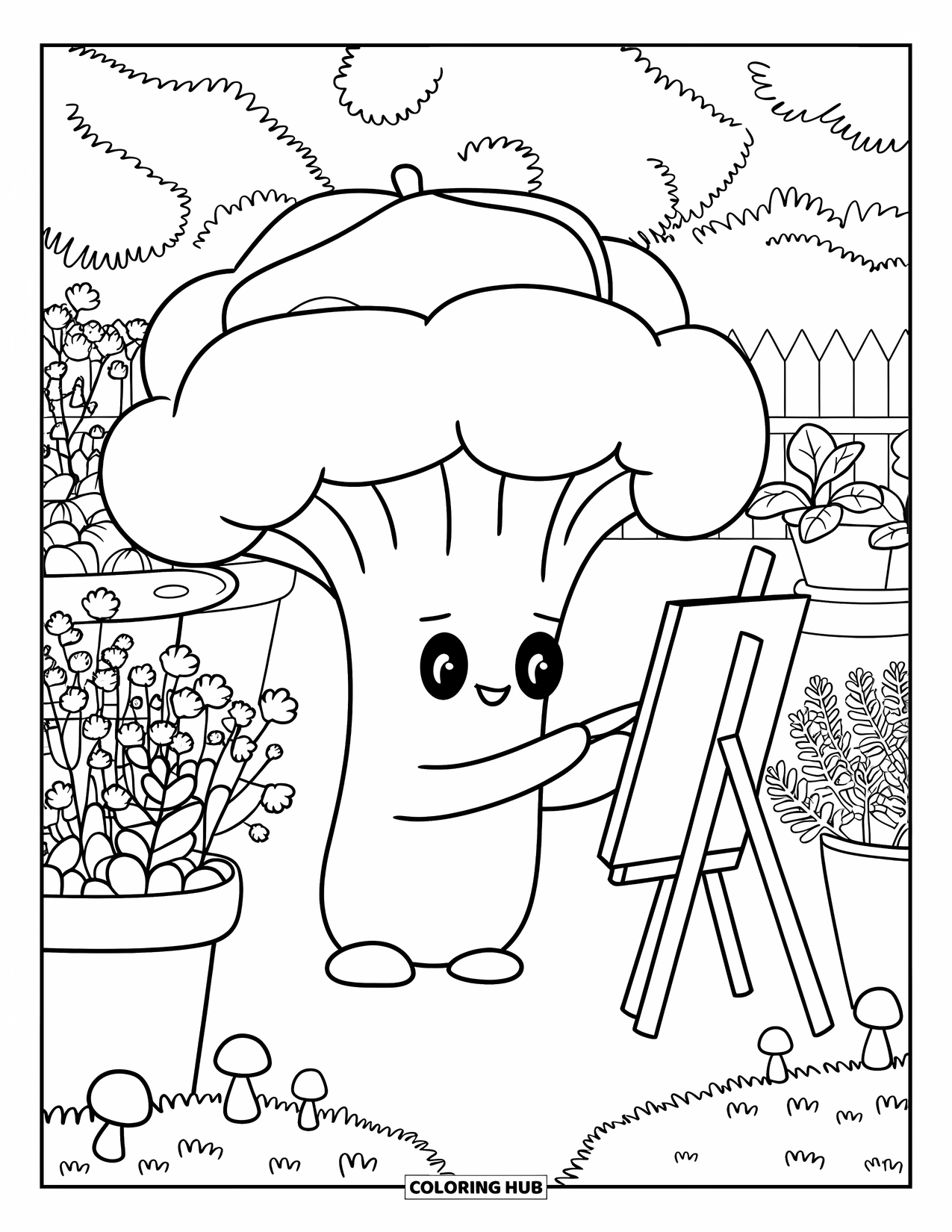 Vegetable Coloring Page for Adults: Broccoli enjoys a quiet day painting tiny art in a cozy herb-filled garden