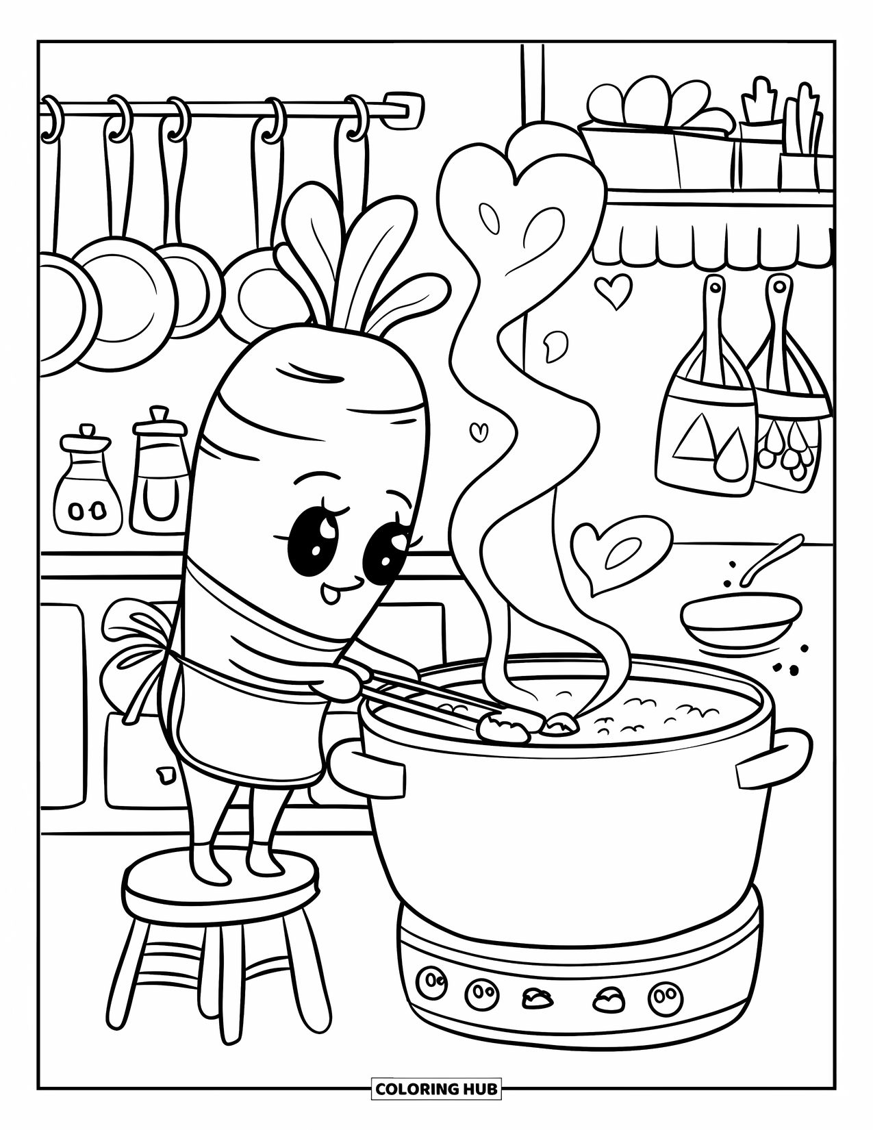 Vegetable Coloring Page for Adults: Carrot in an apron stirs a pot of soup with heart-shaped steam in a cozy kitchen
