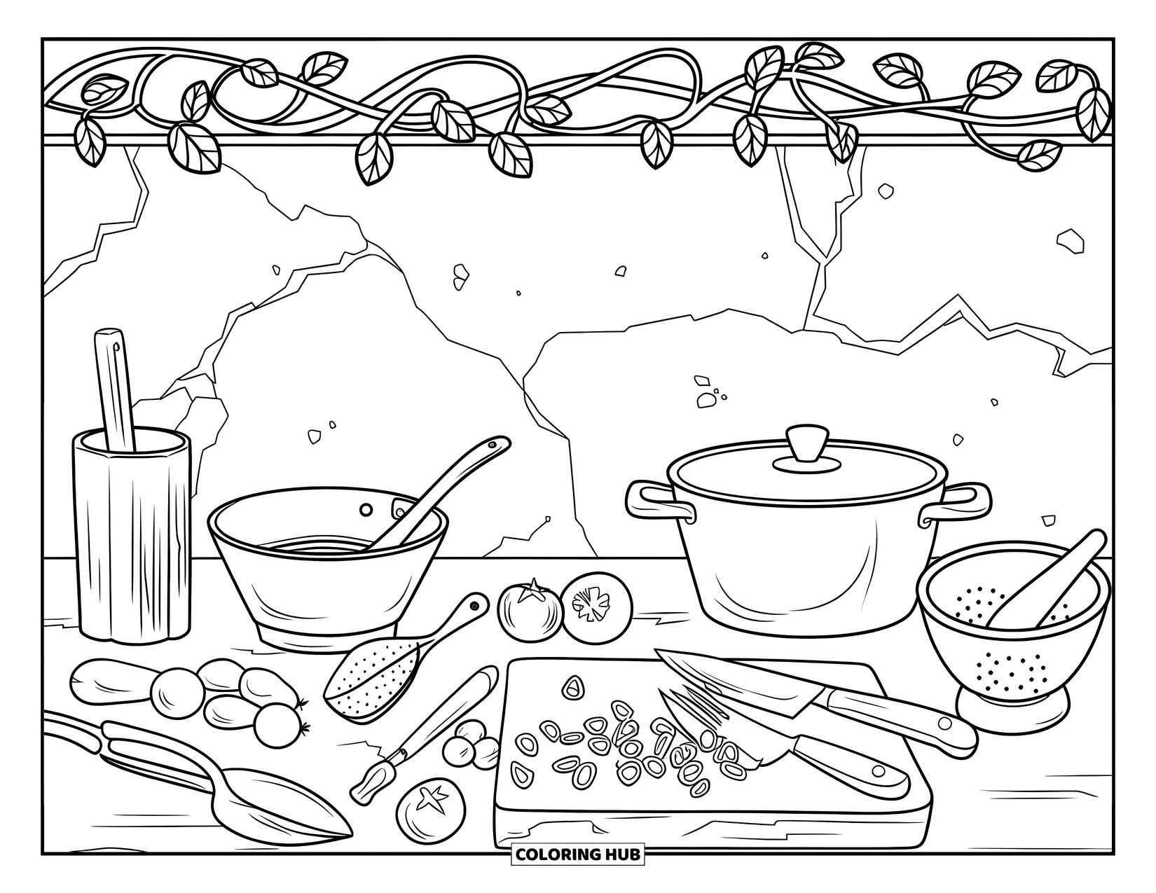 Vegetable Coloring Page for Adults: Chopped veggies and kitchen tools fill a rustic table beneath leafy decorative borders