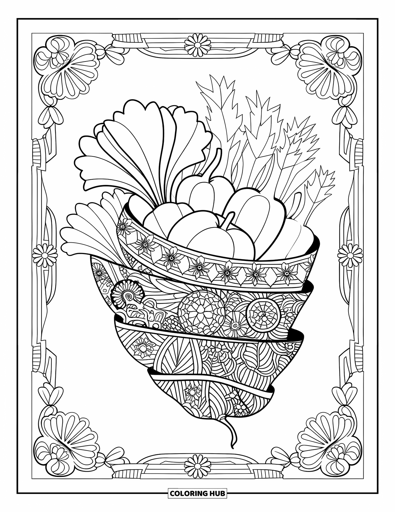 Vegetable Coloring Page for Adults: Clustered vegetables bloom with intricate designs and curving details from edge to edge