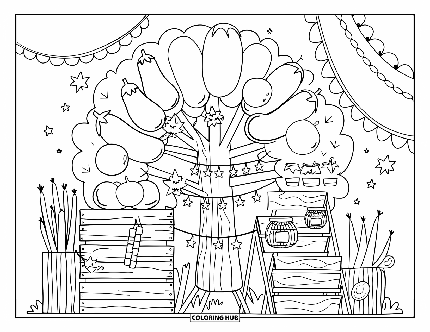 Vegetable Coloring Page for Adults: Mini veggies decorate a charming veggie tree while standing on ladders and crates
