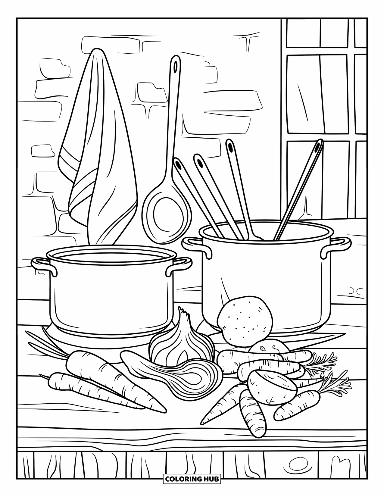 Vegetable Coloring Page for Adults: Peeled carrots, onions, and potatoes sit beside a stew pot on a rustic wooden surface