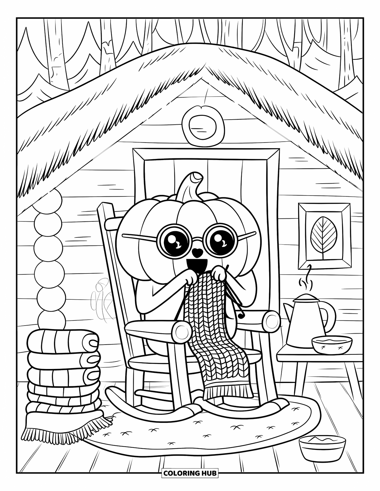 Vegetable Coloring Page for Adults: Pumpkin in glasses knits peacefully in a forest cabin filled with warmth and soft touches