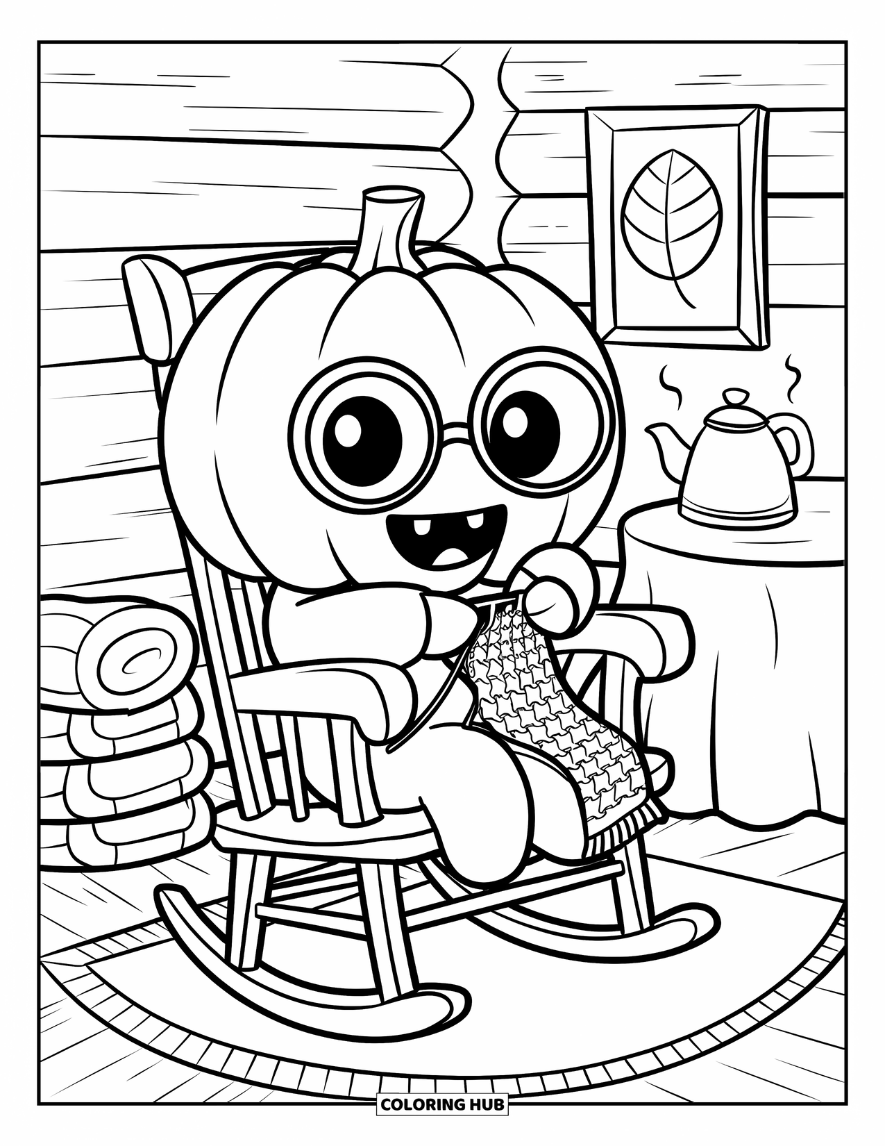 Vegetable Coloring Page for Adults: Pumpkin knits quietly by stacked blankets and a steaming kettle in a wooden cabin