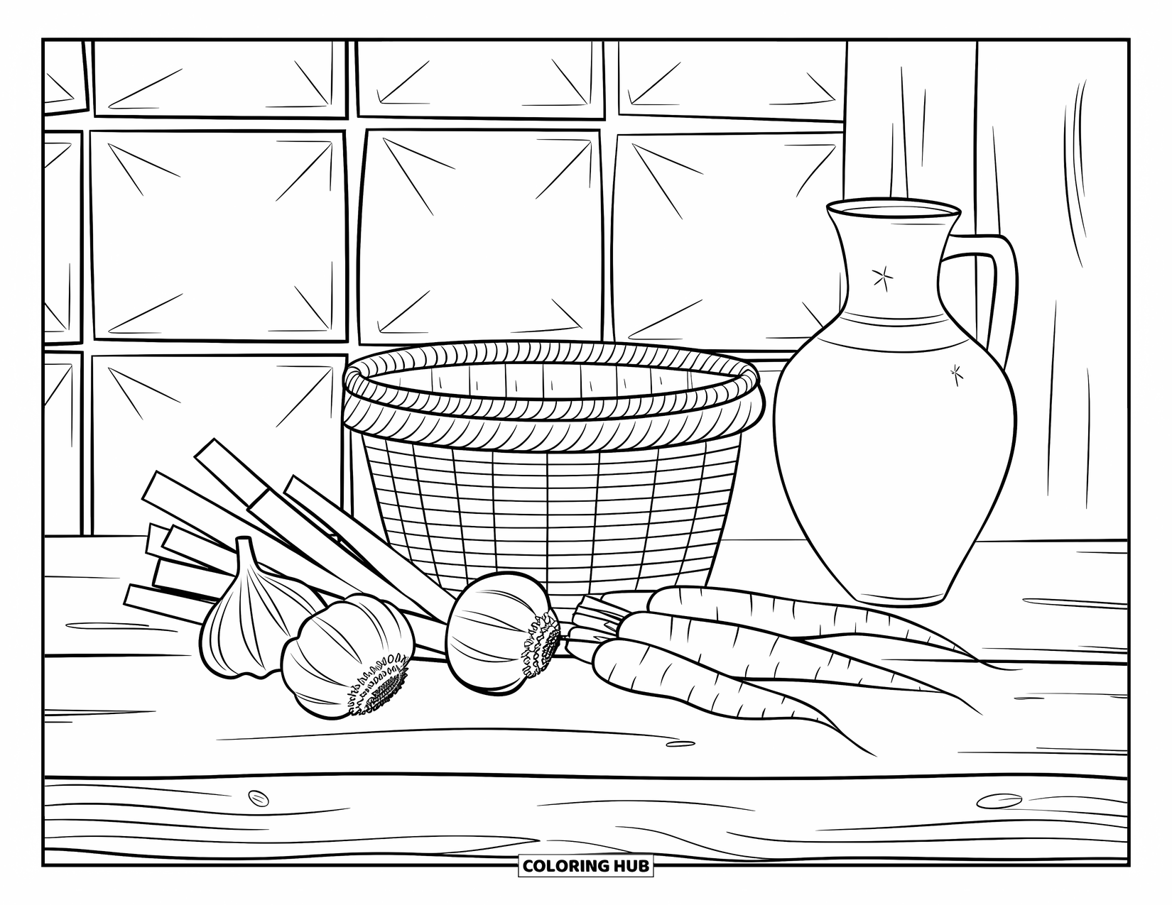 Vegetable Coloring Page for Adults: Rustic still life with carrots, garlic, and a jug set on a worn wooden table