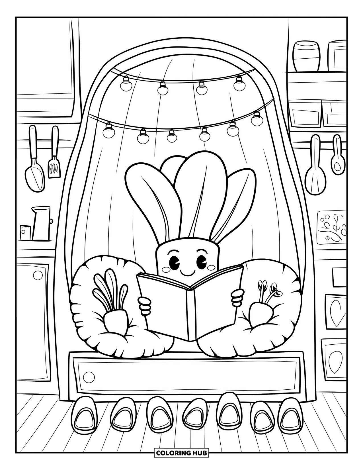 Vegetable Coloring Page for Adults: Soft string lights glow as baby veggies gather around bok choy for a bedtime tale