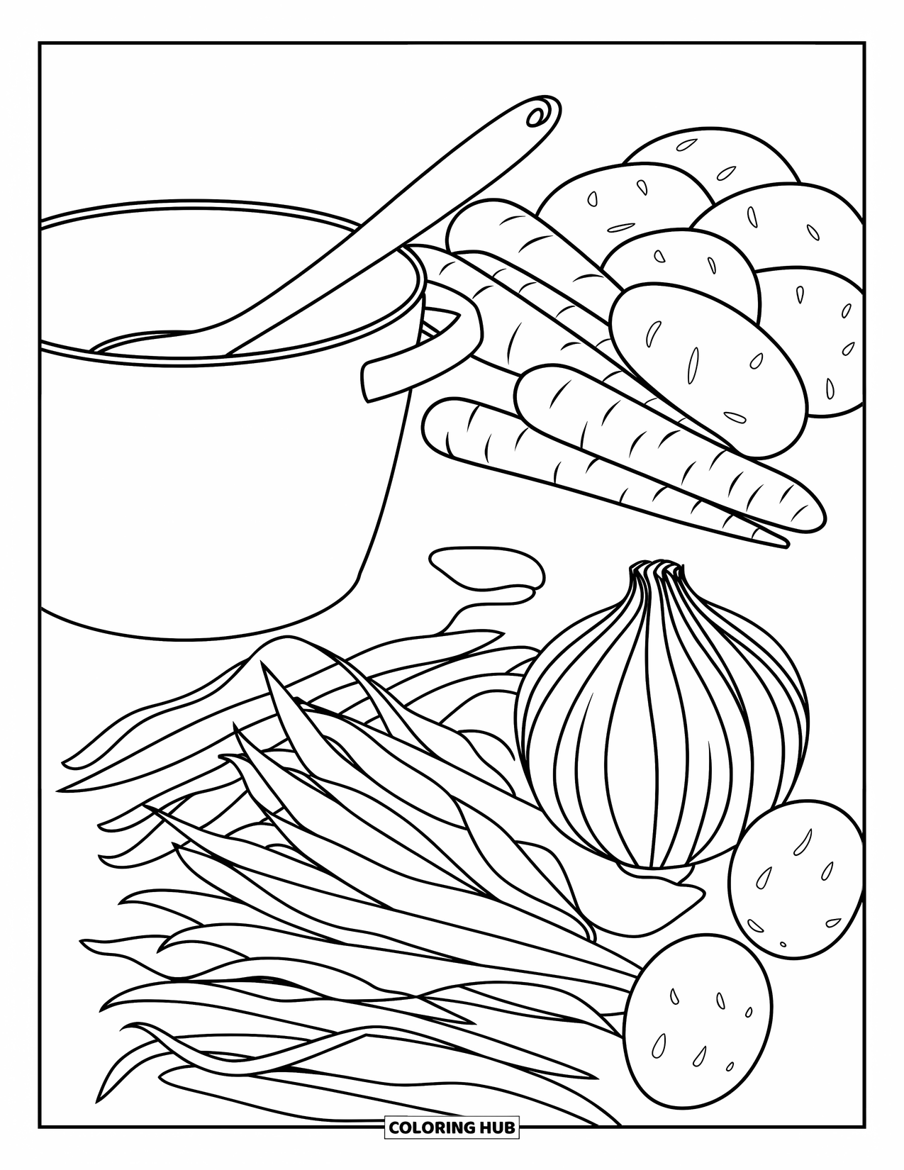 Vegetable Coloring Page for Adults: Vegetable stew bubbles on the stove with a ladle and peeled veggies close by