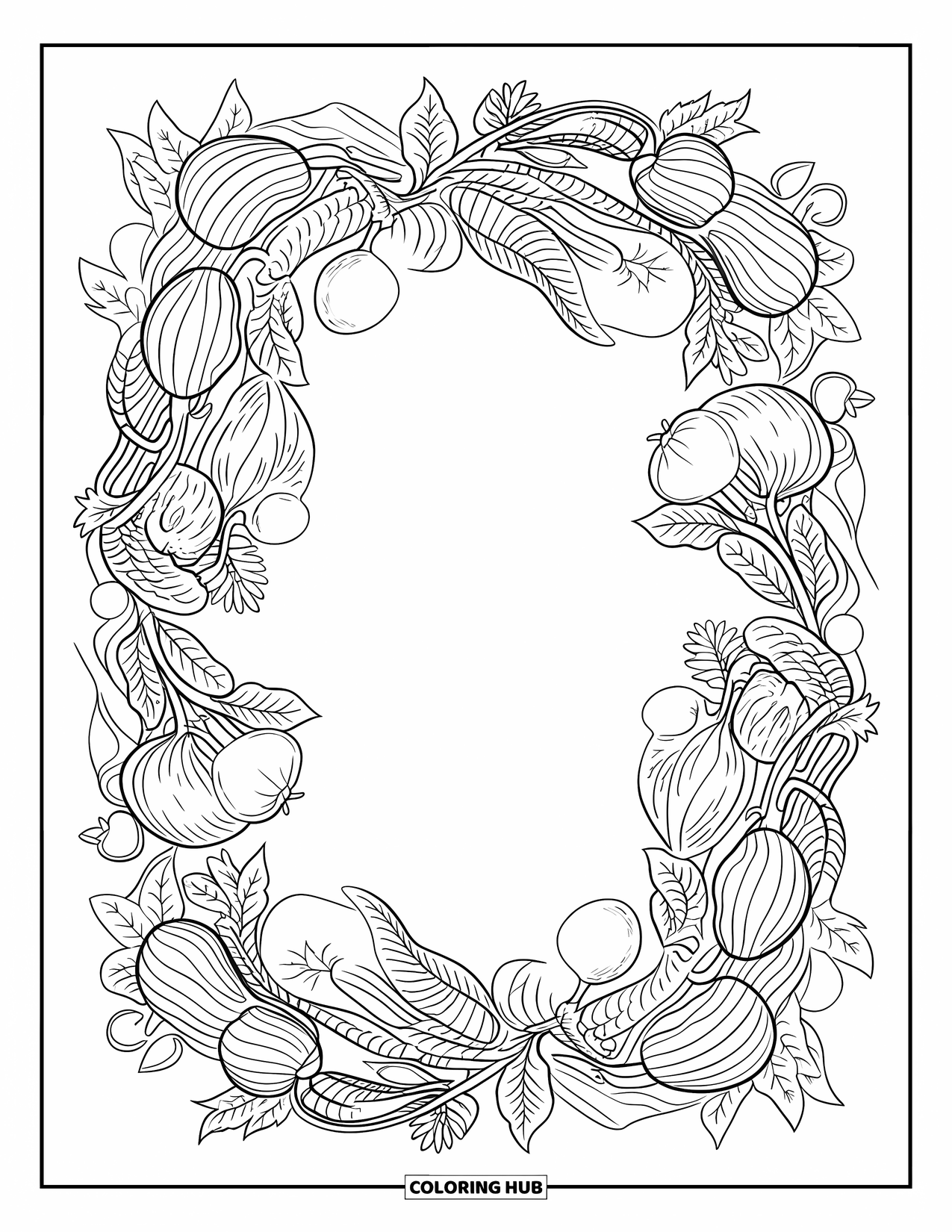 Vegetable Coloring Page for Adults: Vegetables and leaves twirl through an elegant vine border surrounding the full design