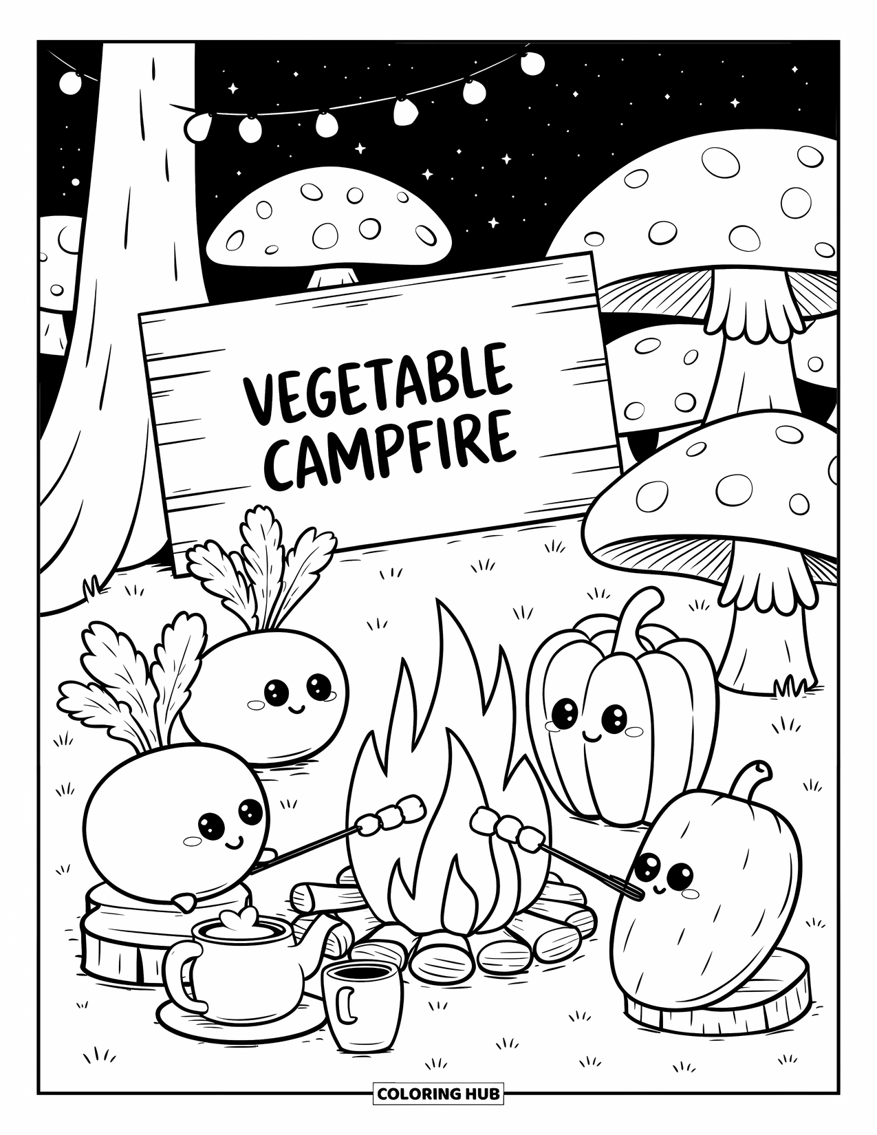 Vegetable Coloring Page for Adults: Veggie friends roast marshmallows under starry skies and fairy lights by a cozy campfire