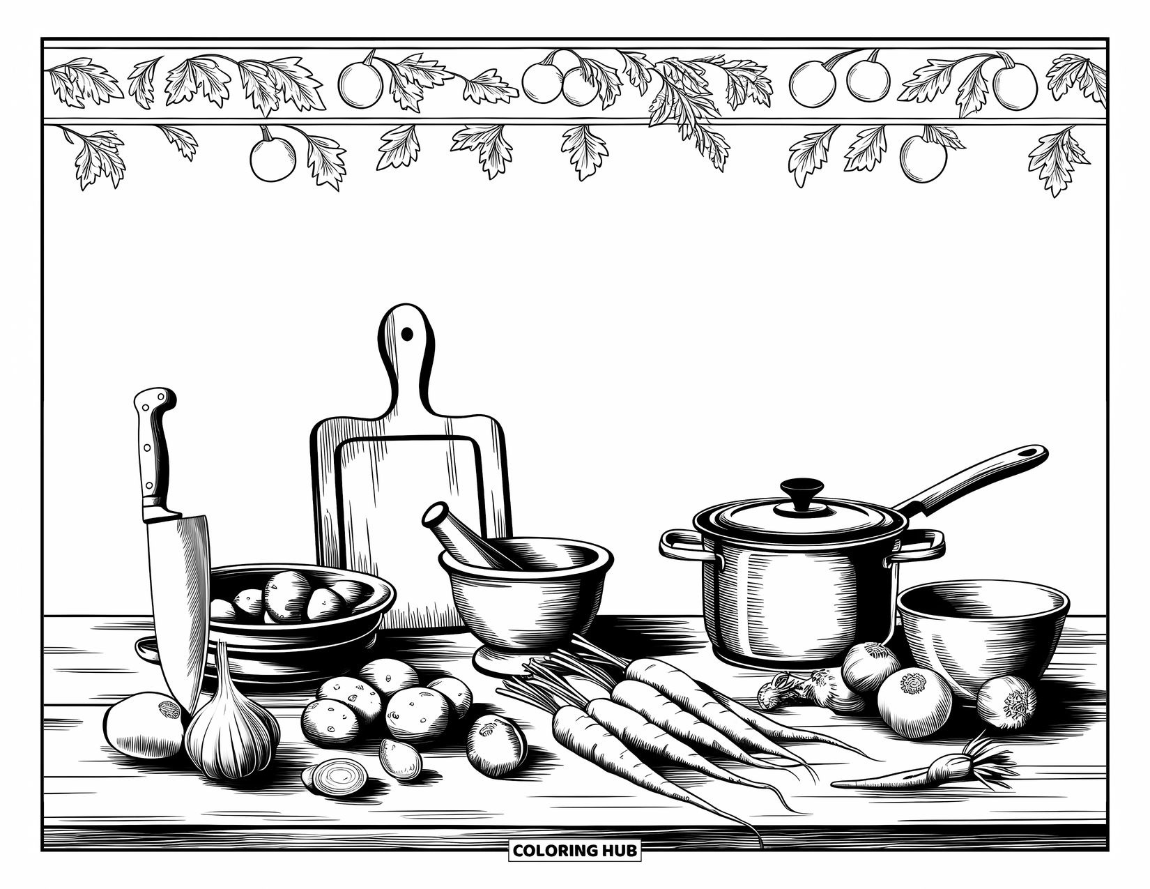 Vegetable Coloring Page for Adults: Vintage kitchen table scattered with veggies, pots, and traditional cooking tools