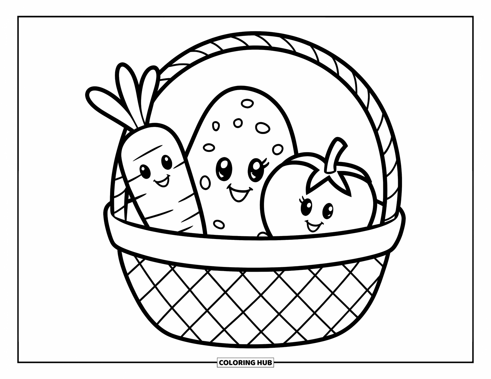 Vegetable Coloring Page for Kids: A checkered basket holds a carrot, potato, and tomato with playful charm