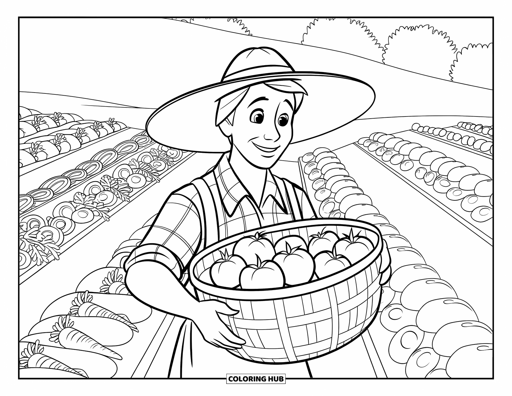 Vegetable Coloring Page for Kids: A cheerful farmer in a straw hat walks through veggie rows with a full basket