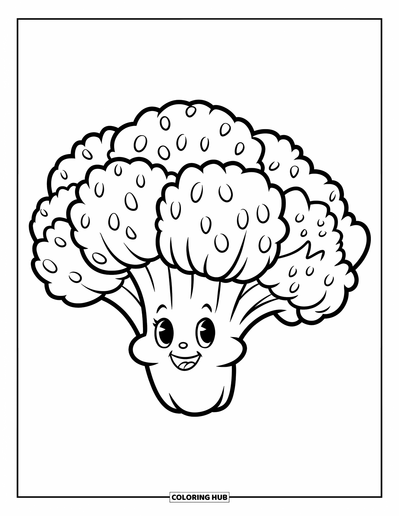 Vegetable Coloring Page for Kids: A chubby broccoli with round florets and a happy face stands proudly