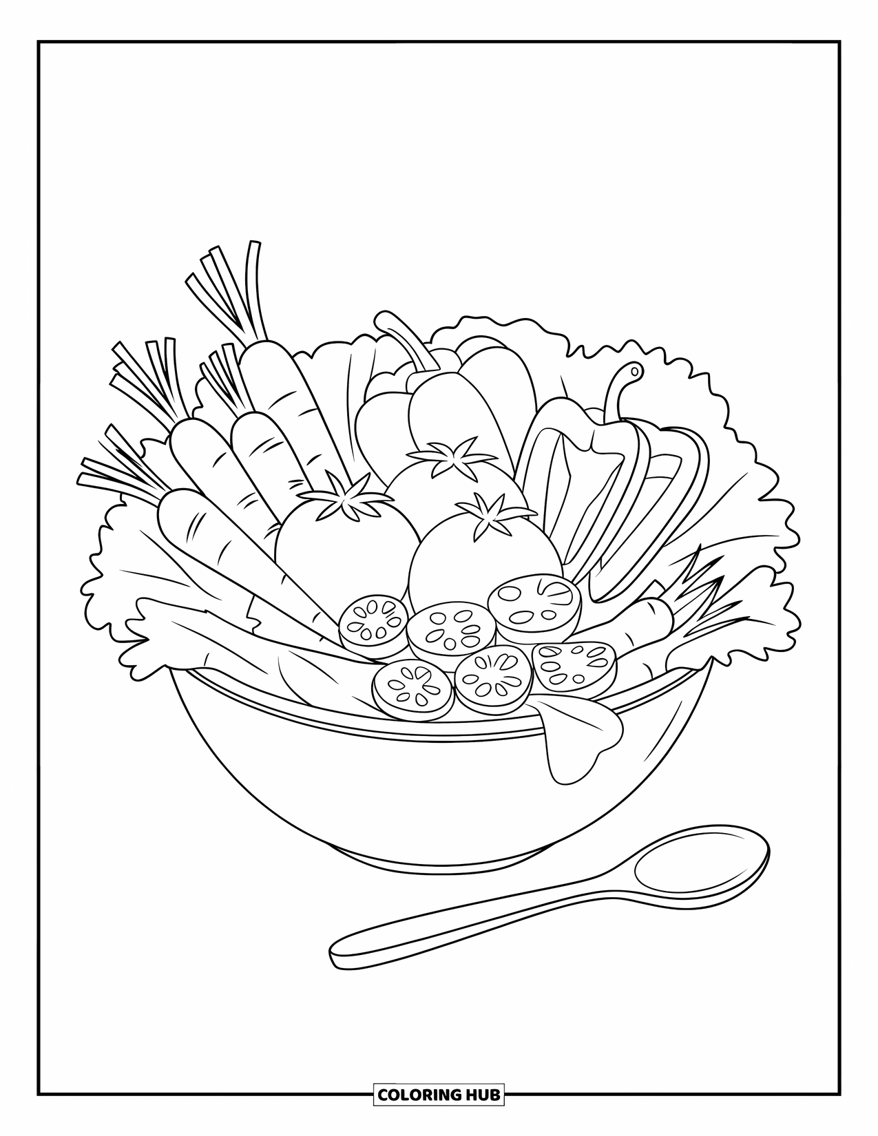 Vegetable Coloring Page for Kids: A colorful mix of sliced veggies fills a bowl with a spoon resting beside it