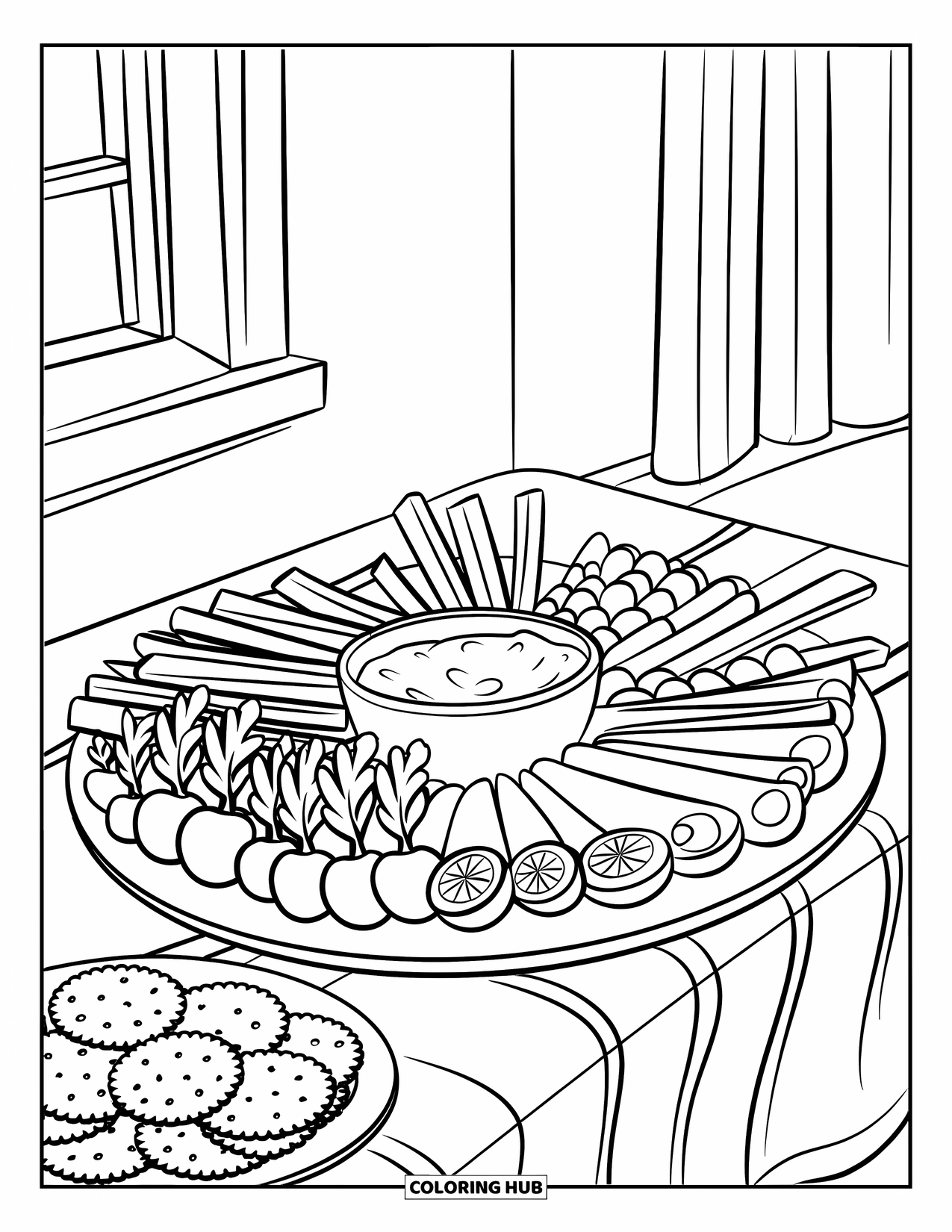Vegetable Coloring Page for Kids: A colorful veggie platter with crackers and dip sits by a sunny window