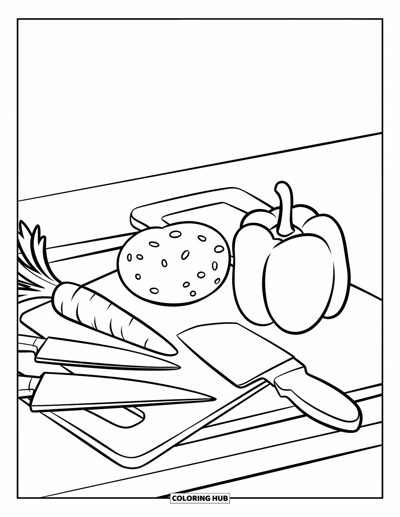 Vegetable Coloring Page for Kids: A cozy prep scene with carrot, potato, and pepper beside two kitchen knives