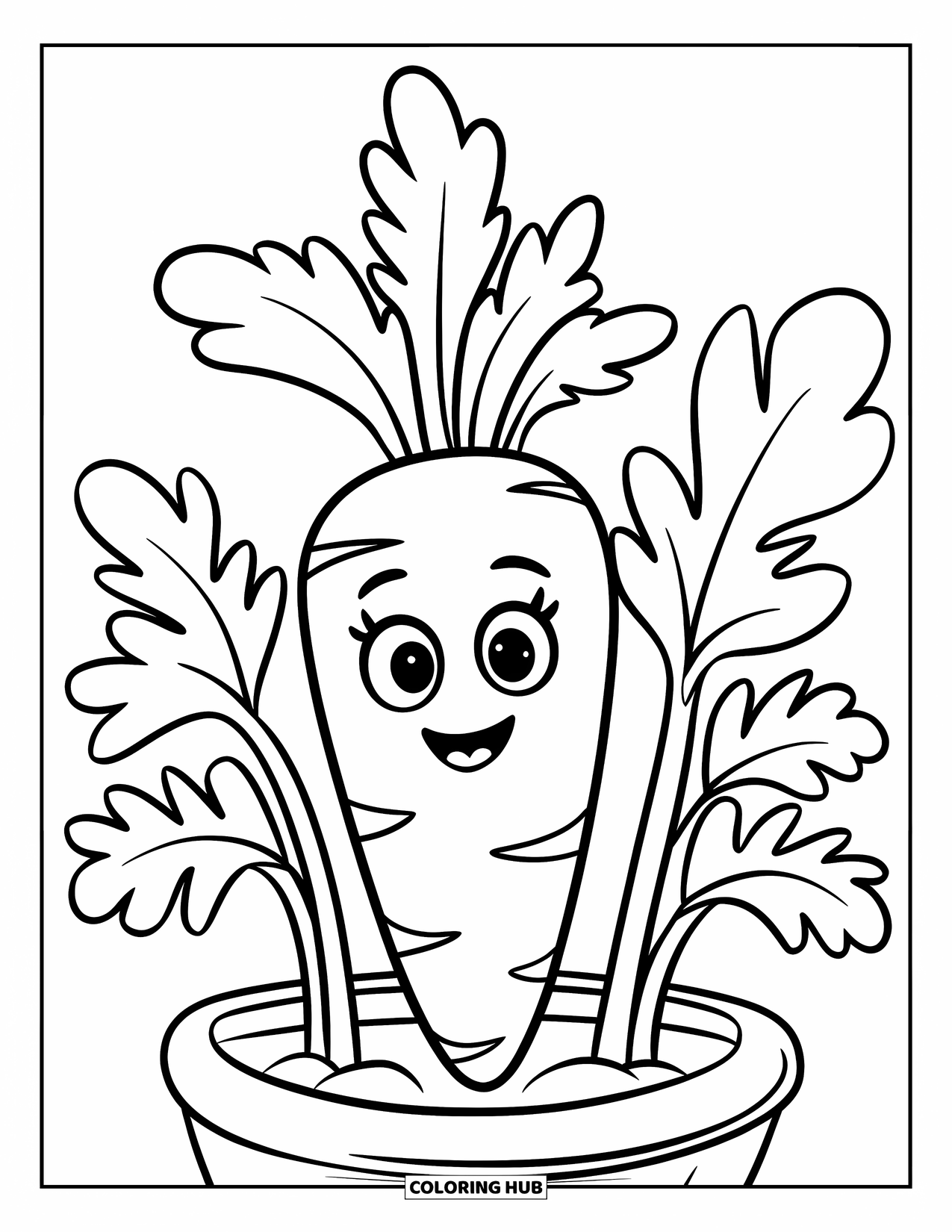 Vegetable Coloring Page for Kids: A cute carrot with big leaves and a smile grows from a pot