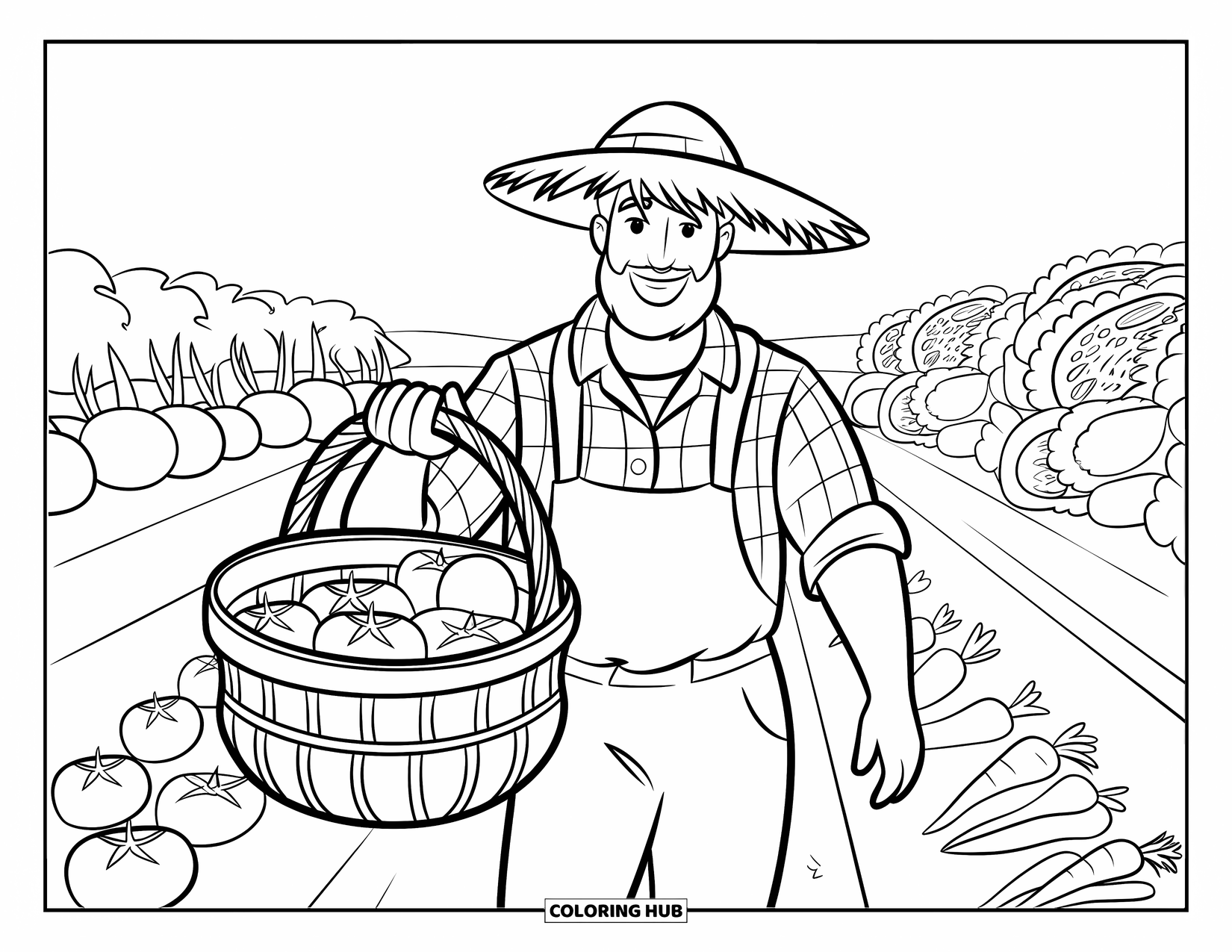 Vegetable Coloring Page for Kids: A farmer with a harvest basket walks through rows of carrots, tomatoes, and onions