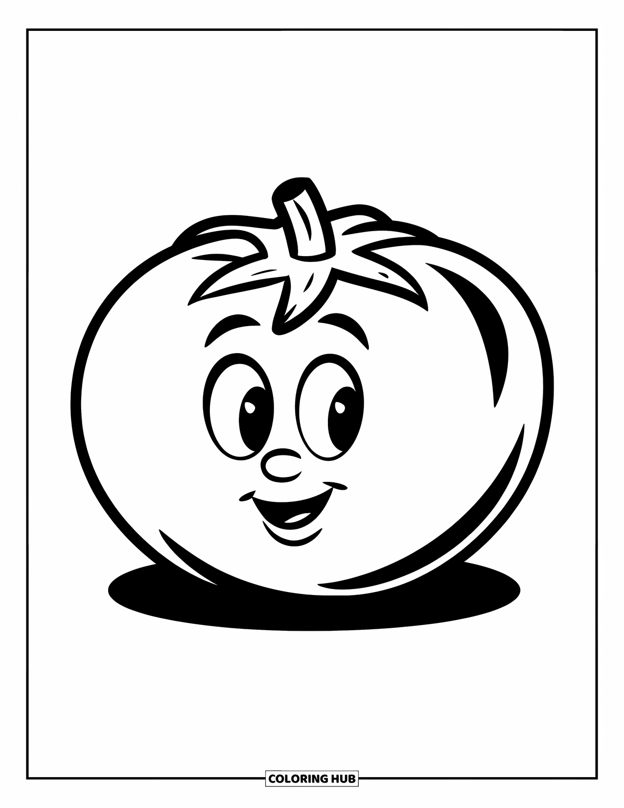 Vegetable Coloring Page for Kids: A friendly tomato with a soft stem and cheerful look sits still