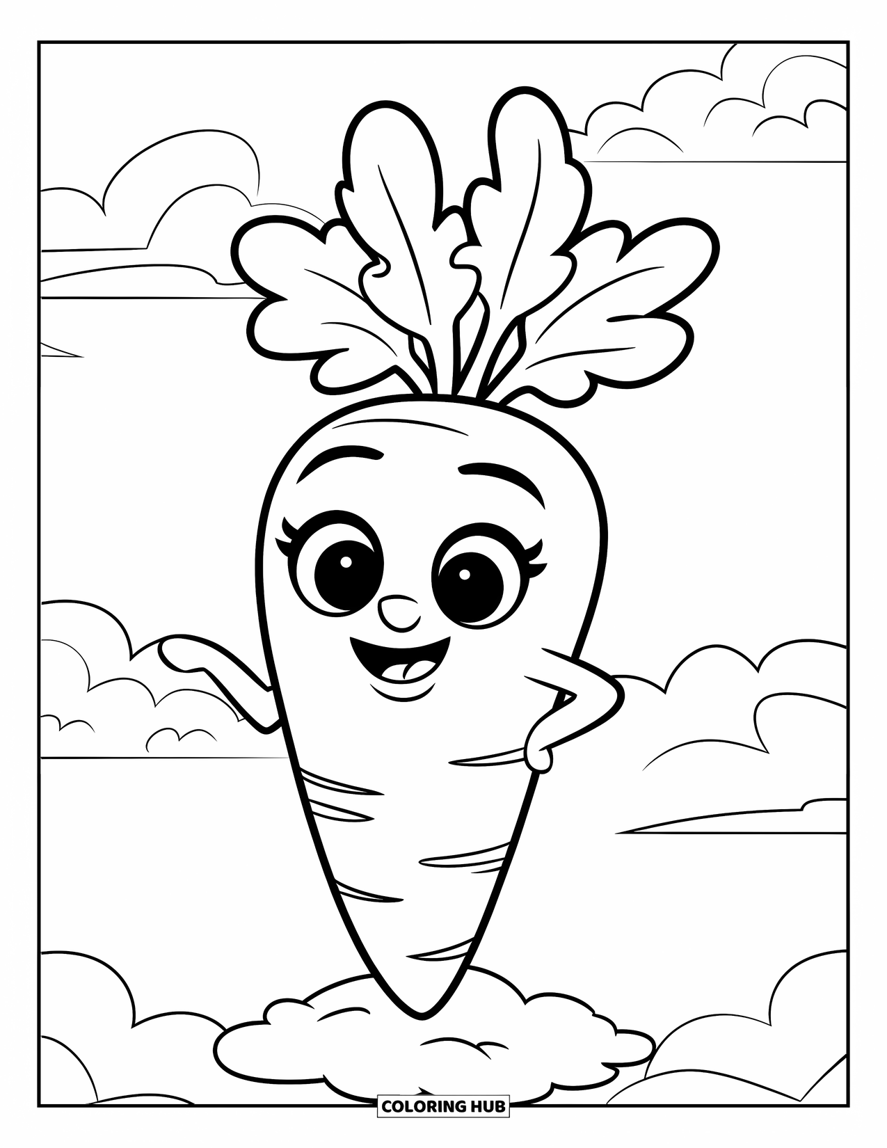 Vegetable Coloring Page for Kids: A happy carrot floats on a cloud under a sky full of puffy clouds