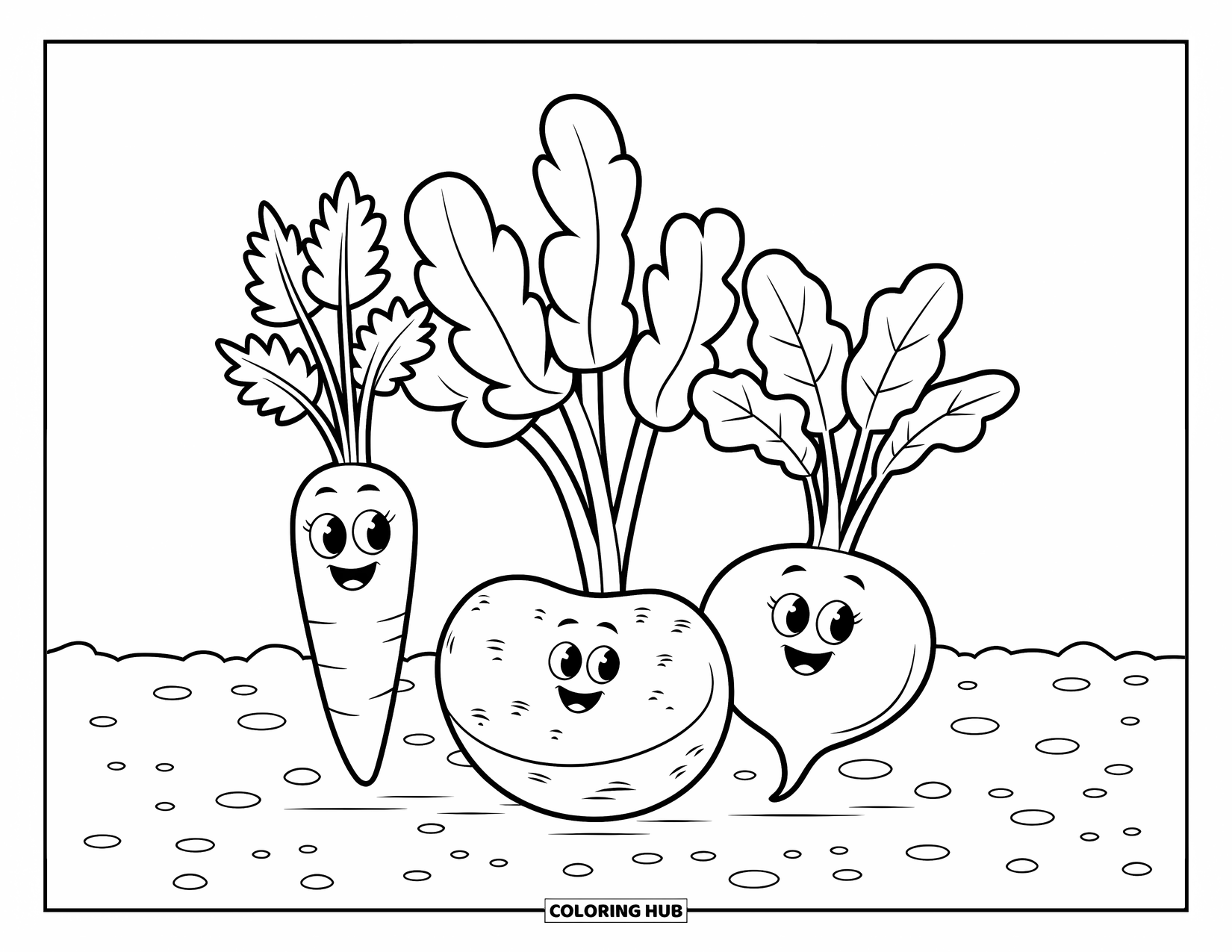 Vegetable Coloring Page for Kids: A happy carrot, potato, and turnip peek above the soil with soft shadows below