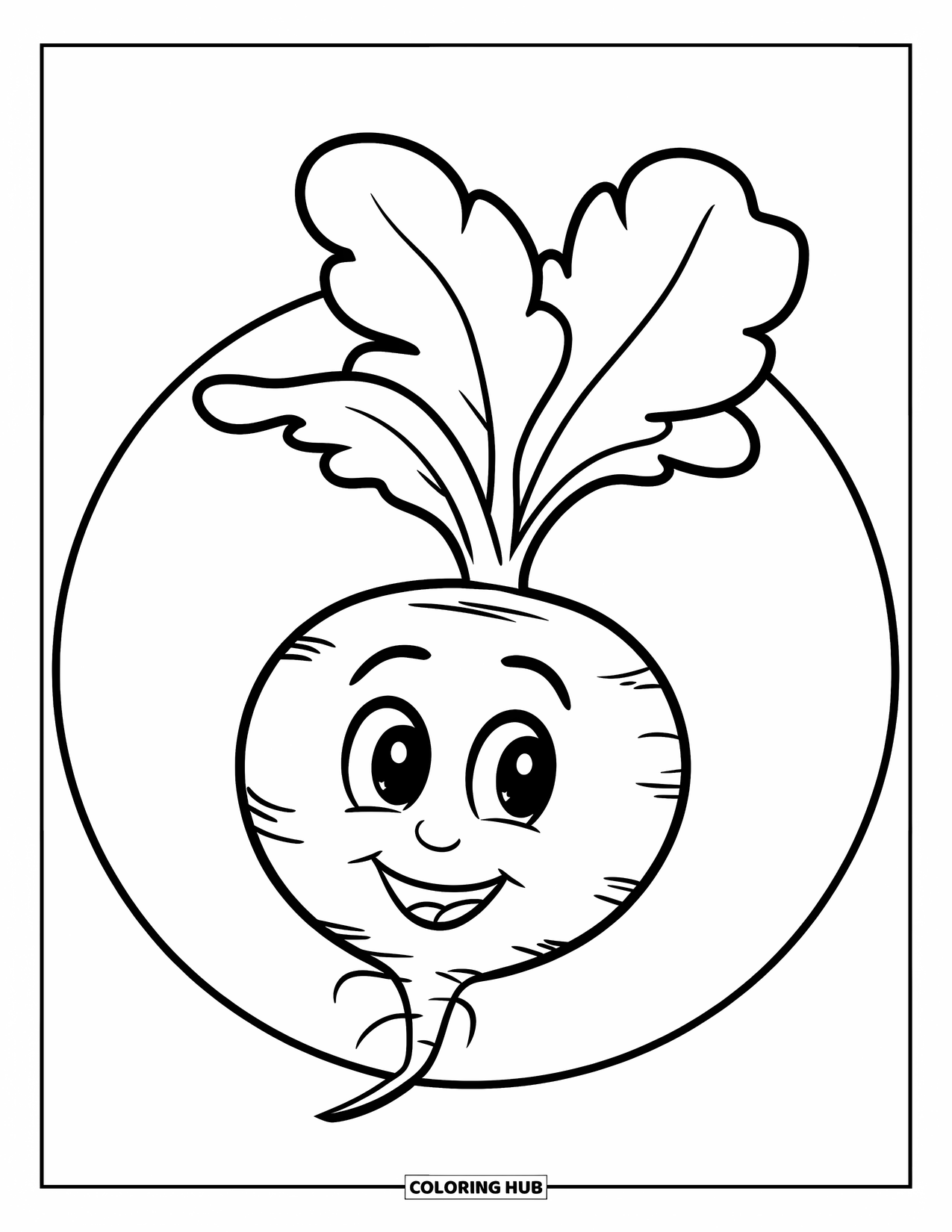 Vegetable Coloring Page for Kids: A happy radish with leafy top and little root hairs stands with a smile