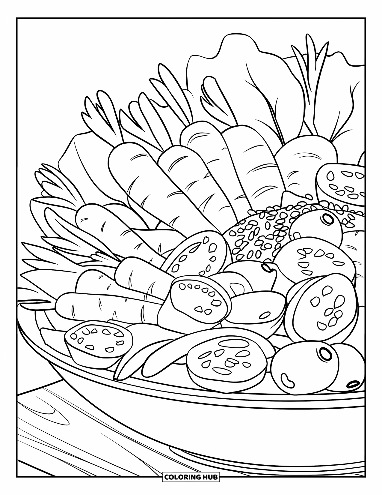 Vegetable Coloring Page for Kids: A hearty salad bowl topped with veggies, olives, and seeds sits on a wooden board