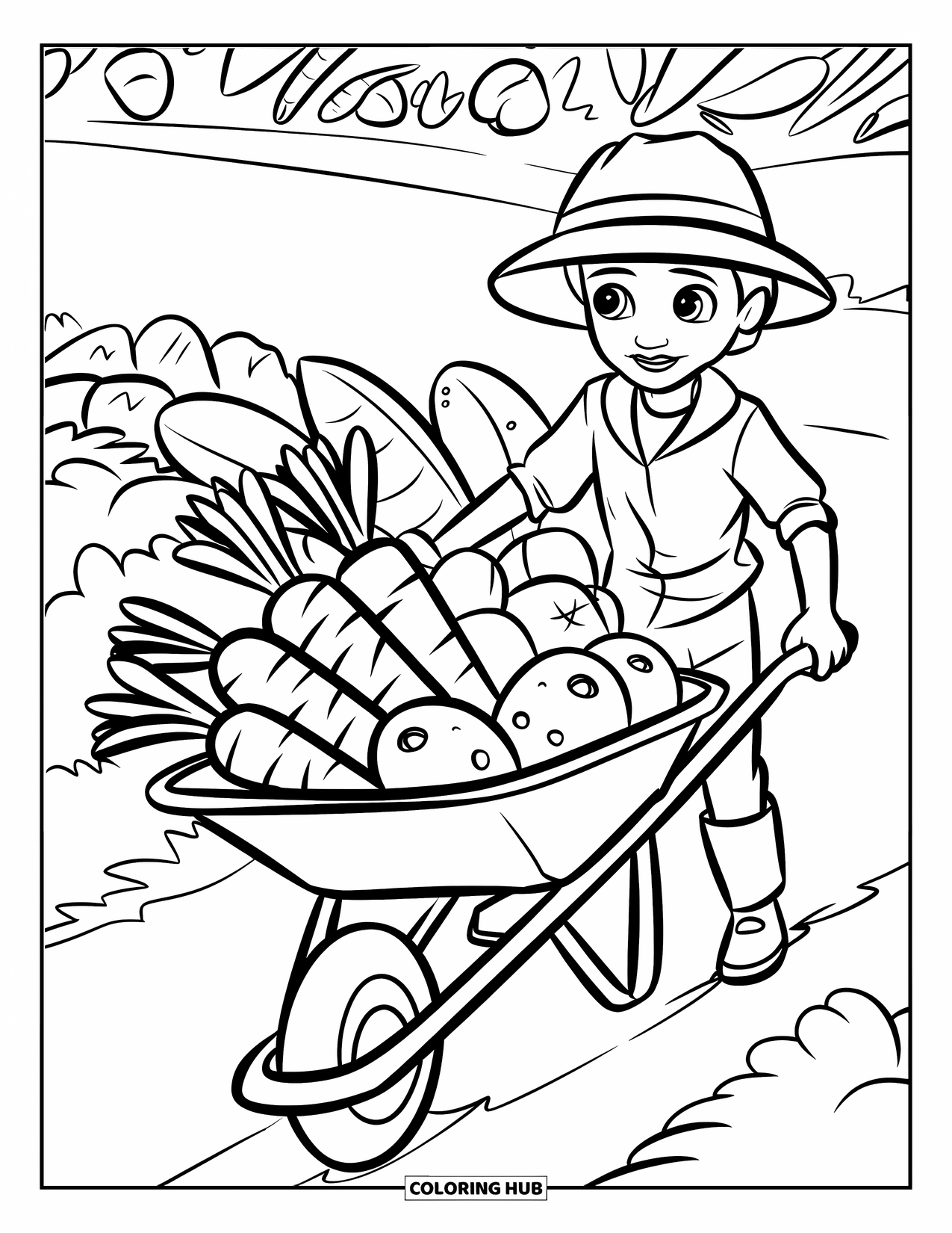Vegetable Coloring Page for Kids: A kid pushes a wheelbarrow full of big vegetables across a sunny field