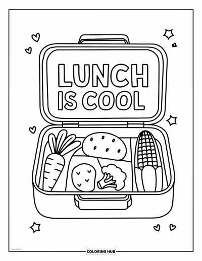 Zöldséges kifestő gyerekeknek: Egy "Lunch is Cool" feliratú uzsonnásdoboz zöldségeket tart csillagok és szívek kíséretében