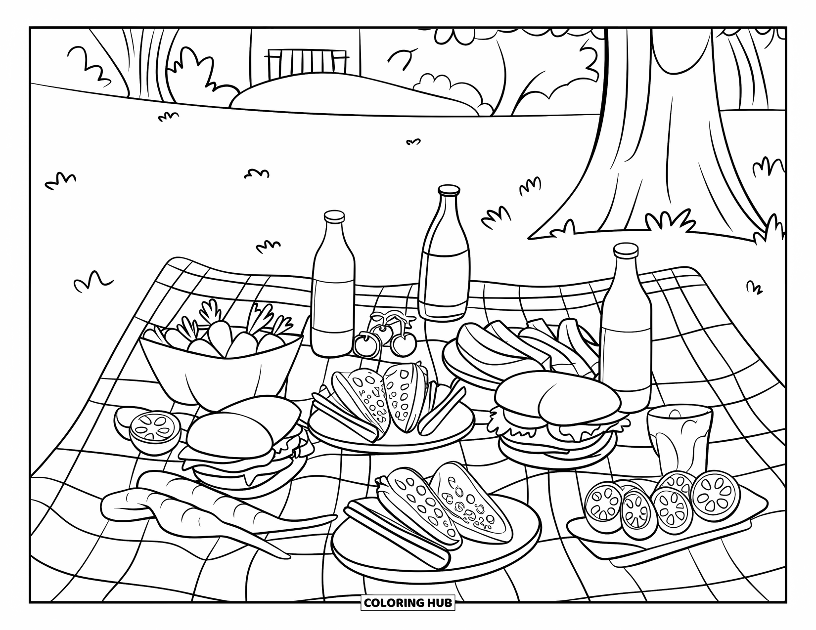 Vegetable Coloring Page for Kids: A picnic of fresh veggies and sandwiches is laid out beneath a shady tree