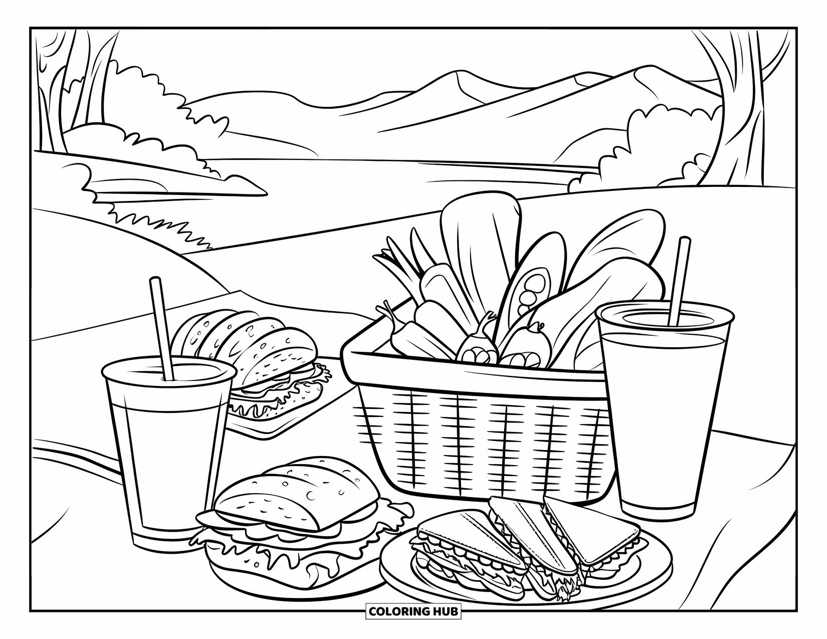 Vegetable Coloring Page for Kids: A picnic spread of sandwiches and veggies rests near a lake with trees and hills