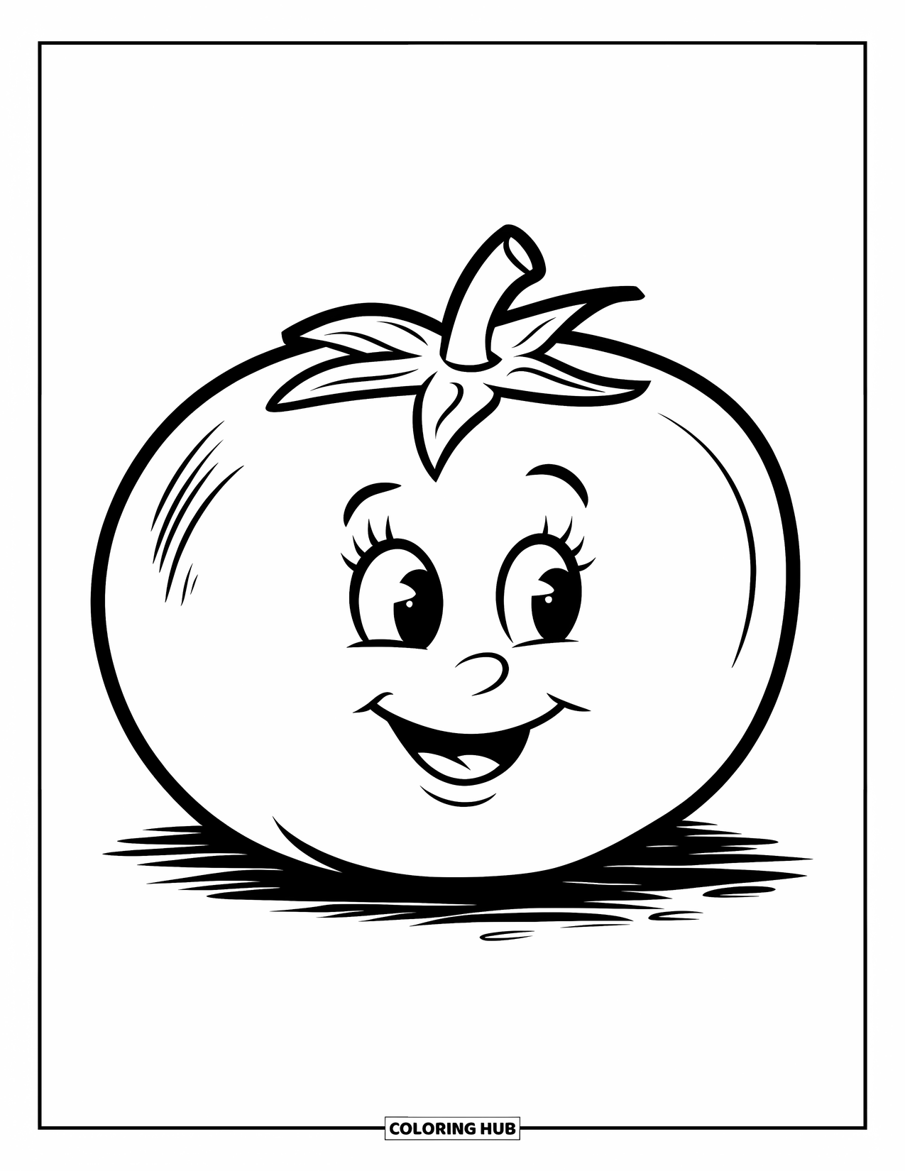Vegetable Coloring Page for Kids: A round tomato with a sweet smile and a small stem sits on the ground