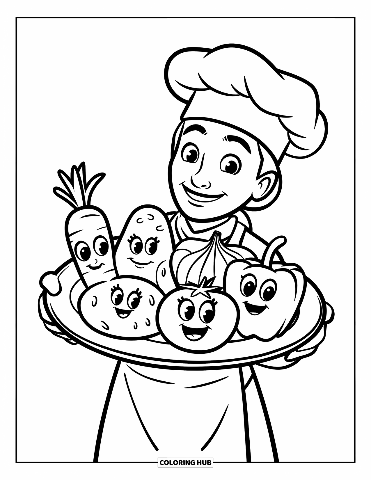 Vegetable Coloring Page for Kids: A smiling chef holds a tray of carrot, potato, onion, tomato, and bell pepper