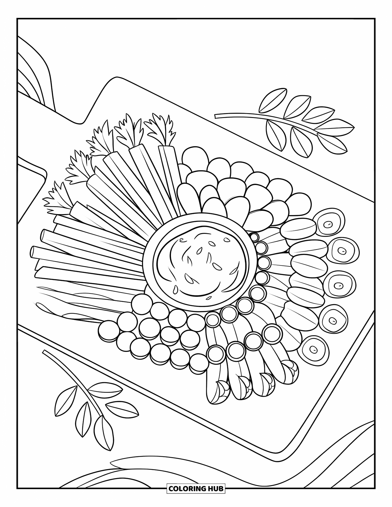 Vegetable Coloring Page for Kids: A veggie party tray holds radish slices, tomatoes, and dip on a wooden board