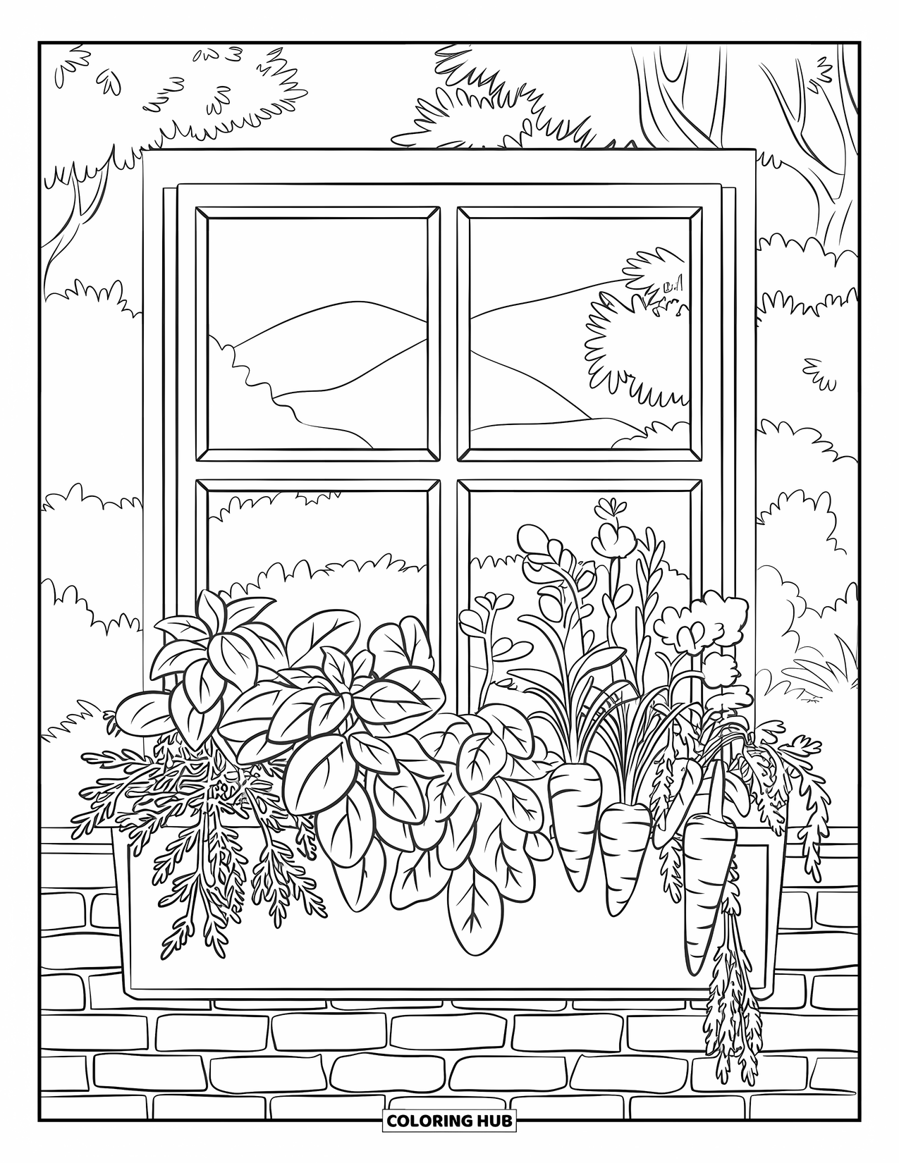 Vegetable Coloring Page for Kids: A window box bursts with herbs and tiny veggies beside trees and hills