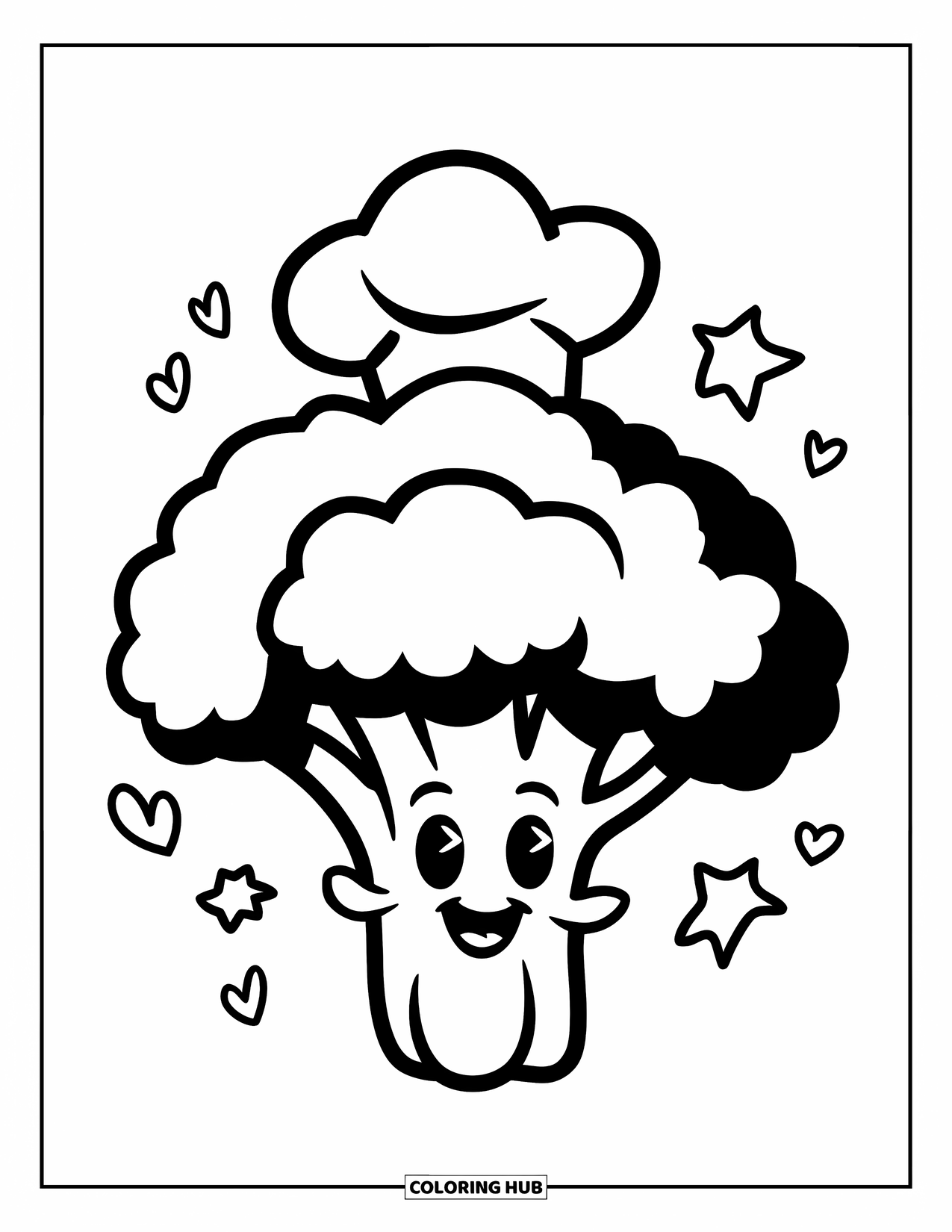 Vegetable Coloring Page for Kids: Broccoli in a chef's hat smiles with stars and hearts around it