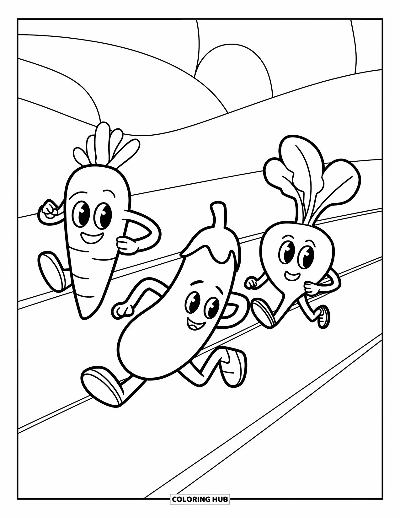 Vegetable Coloring Page for Kids: Carrot, eggplant, and radish race toward the finish line on a veggie track