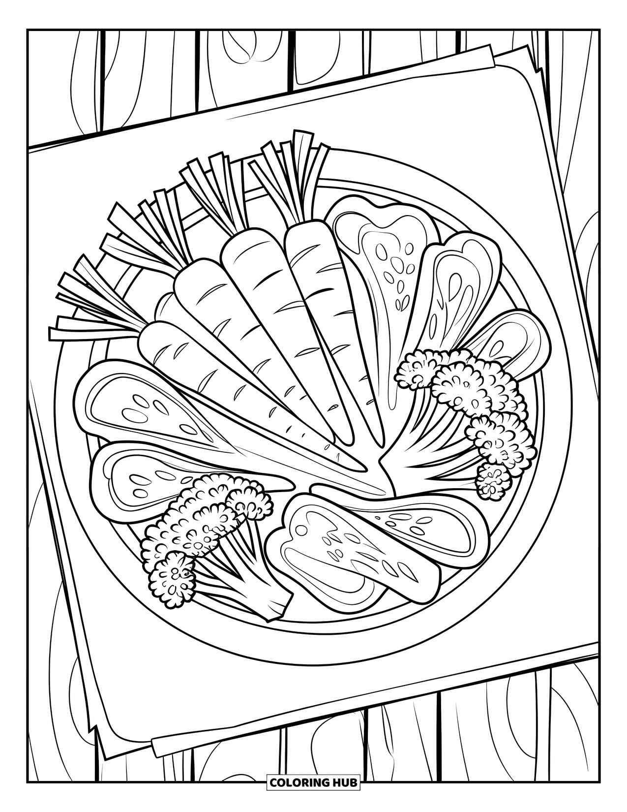 Vegetable Coloring Page for Kids: Carrots, cucumbers, and broccoli form a bright layout on a round plate at the table