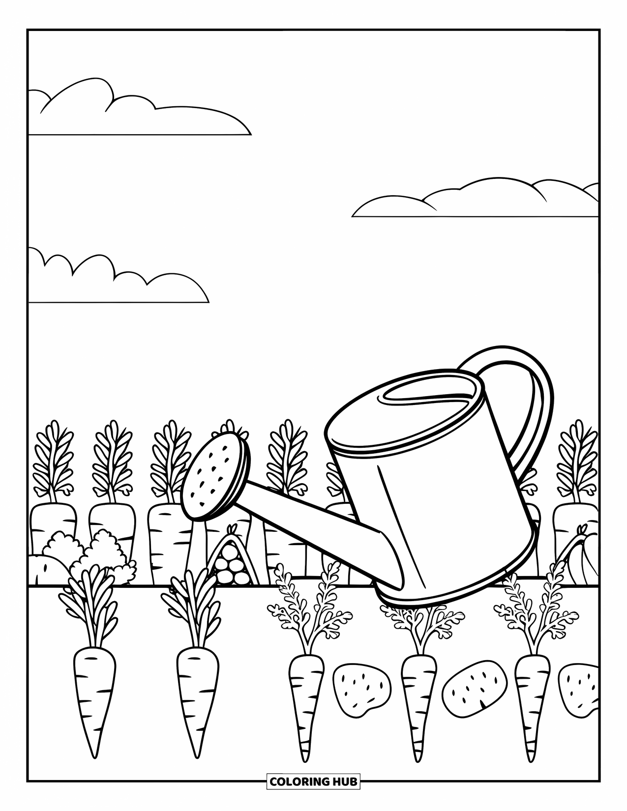Vegetable Coloring Page for Kids: Carrots, peas, and potatoes sprout beside a watering can under a calm sky