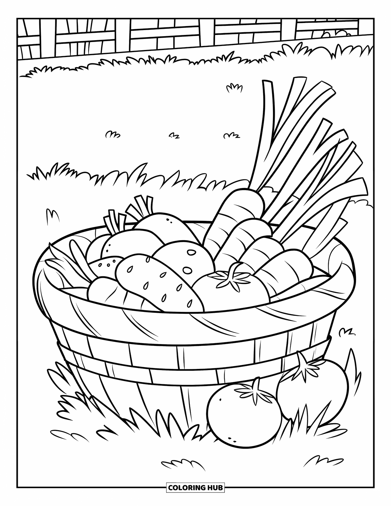 Vegetable Coloring Page for Kids: Carrots, potatoes, and tomatoes fill a basket resting near trees and a wooden fence