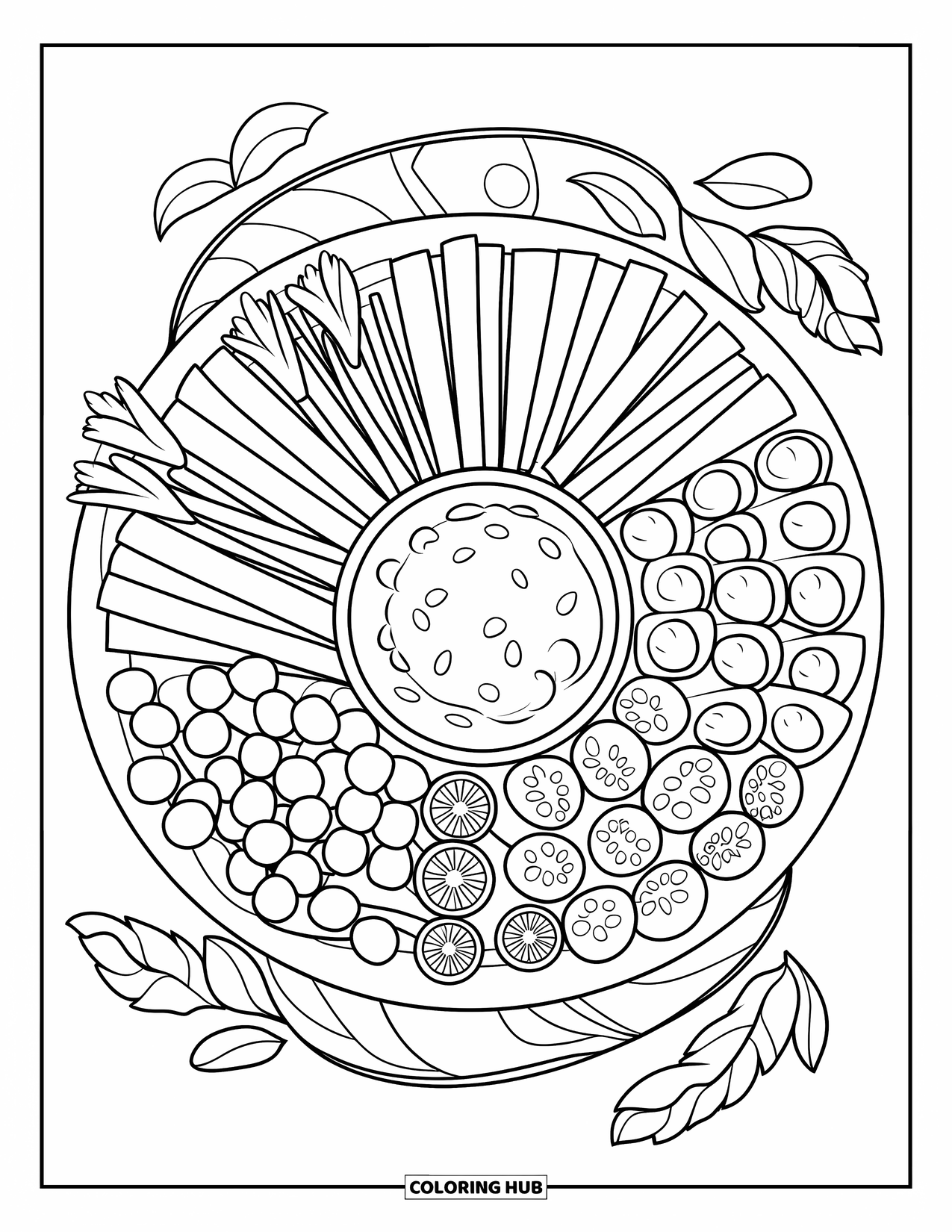 Vegetable Coloring Page for Kids: Celery, radishes, and tomatoes surround a dip bowl on a party platter with leaves